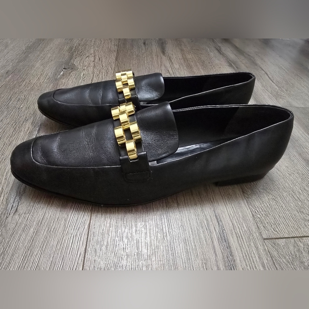 Veronica Beard Beardalire Gold Chain Link Loafers Womens Size 10 Black Leather
